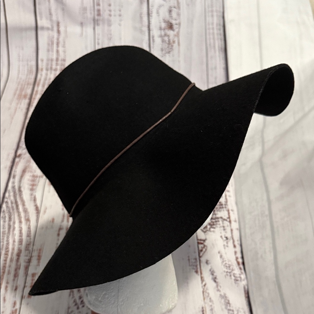 PETER GRIMM Black Wide Brim Wool Fedora Hat with Brown Leather Cord - Picture 12 of 15